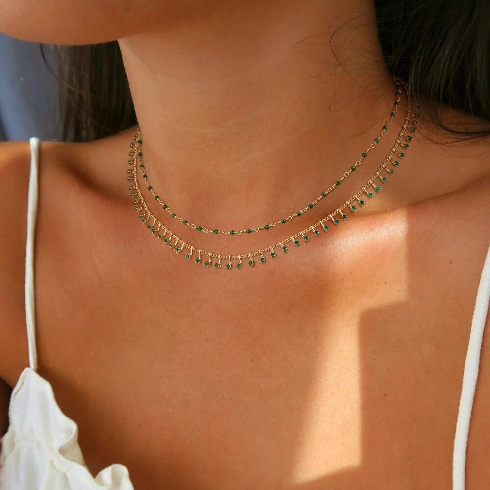 Beaded Necklaces for Women 14K Gold Plated Dainty Colorful Green/Rose Beaded Pea - Picture 2 of 7